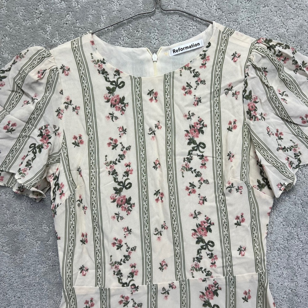 Reformation Beesly Mini Dress Womens 4 Heath Floral Striped Puffer Sleeve USA - Picture 2 of 15